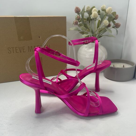 Steve Madden Brendi Strappy Satin Square Toe Heel Fuchsia Women 10 Tried On - Picture 7 of 11